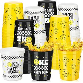Domensi 24 Pcs One Happy Dude Plastic Cups 16oz Reusable One Happy Dude Birthday Decorations Smile Face Cups for First Birthday Party Baby Shower Favors