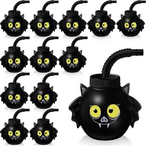 Umigy Halloween Cup for Kids 10 oz Reusable Plastic Cups Bulk Bat Shaped Cup with Lid and Straw for Gift Halloween Themed Party Favor Supplies(24 Pcs)
