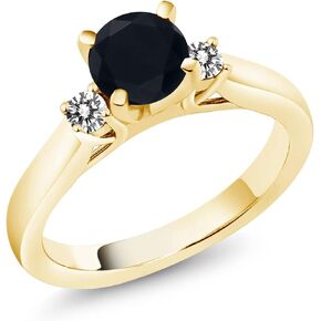 Gem Stone King 18K Yellow Gold Plated Silver Black Onyx and White Diamond 3-Stone Engagement Ring For Women (0.93 Cttw, Round 6MM, Gemstone December Birthstone, Available in Size 5,6,7,8,9)