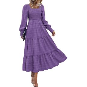 KIRUNDO Women Fall Wedding Guest Dress Elegant Puff Long Sleeve Smocked Empire Waist Swing Flowy Long Dresses with Pockets