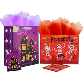Jaywayang 2Pcs 12.6" Large Happy Halloween Paper Gift Bags with Card and Tissue Paper for Kids Halloween Presents Warpping, Holiday, Trick or Treat Party.