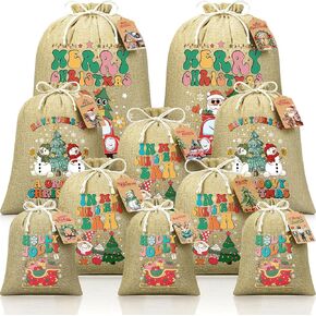 10 PCS Christmas Drawstring Gift Bags with Tags, Buffalo Plaid Xmas Gift Bags Assorted Sizes Bulk, Cotton Fabric Holiday Gift Bags Large Medium Small Wrapping Bags for Xmas Presents Decor Party Favors