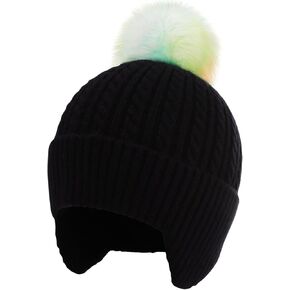 Toddler Earflap Beanie Hat with Pom Pom, Girls Boys Knit Cap Warm Winter Hats for Kids