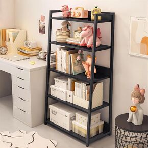 IOTXY 3-Tier Ladder Shelf Bookcase - Wood and Metal Modern Standing Bookshelf, Open Book Shelves Storage Rack, for Home Office, Living Room, Kitchen, Bedroom, Black