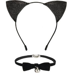 Cat Ears Headband with Bell Collar Set Black Cat Halloween Costume Accessories for Women Girls Party Cosplay Dress Up for Kids and Adult