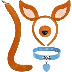 Dog Ears Headband and Tail Nose Blue Collar Set Dog Ears Costume, Brown Puppy Dog Costume Accessories for Women Adult Halloween Animal Cosplay Party Supplies