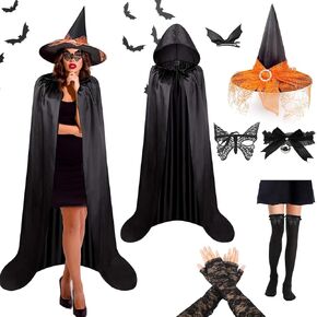 Halloween Witch Cosplay Set 2024 – Hooded Cape, Witch Hat, Lace Gloves, Socks, Bat Hair Clip & Bell Collar – Adult Halloween Party Costume Set