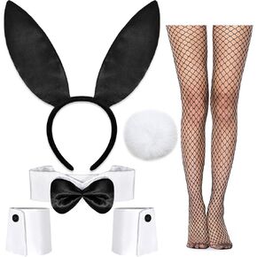 6 Pcs Bunny Costume Set, Black Bunny Ears Headband Bow Tie Cuffs Rabbit Tail Mesh Tights Stockings for Halloween Costume Cosplay Party