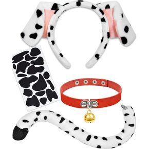 Dalmatian Ears Headband Tail Bell Choker Felt Sticker, Dalmatian Costume, Dog Ears Headband for Adult Women Halloween Dress Up Costume Accessories