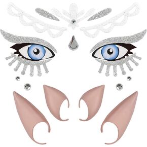 Merroyal Fairy Face Jewels with 2 Pairs Latex Elf Ear Halloween Costume Set for Women & Girls