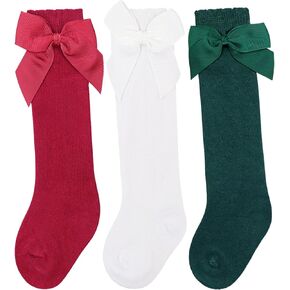 3 Pack Toddler Knee High Socks for Girls Baby Socks with Bows Knit Stockings Infant Long Socks for Toddler Girls