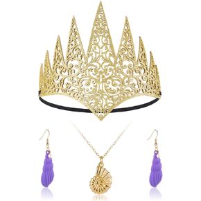 Cunno 3 Pcs Halloween Witch Costume Accessories Set Golden Shell Necklace Purple Conch Shell Earrings Royal Die Cut Crown Witch Cosplay for Halloween Party Theme Costumes Supplies