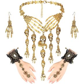 Bonuci Pirate Jewelry for Women Skull Tassel Charm Necklace Collar Bib Gothic Lace Steampunk Bracelet Jewelry Accessory with Finger Ring Skeleton Hand Dangle Earrings Set for Halloween, Gold