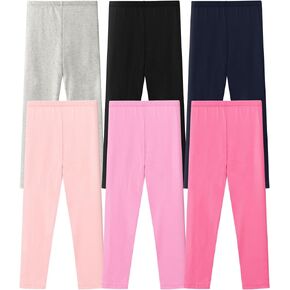 Girls Leggings 6 Pack Assorted Cotton Pants Toddler Kids Teens Youth Pull on Stretchy Soft Tights for School Uniform Play