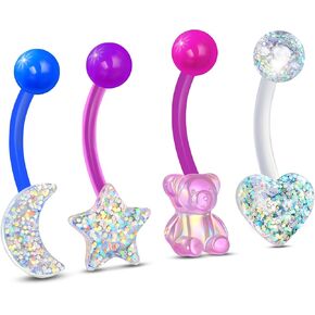 COCHARM 4PCS Colorful Plastic Pregnancy Belly Button Rings 14G Cute Acrylic Belly Navel Rings for Women Bioflex Belly Piercing Jewelry