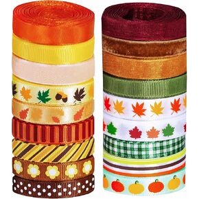 Supla 18 Rolls Fall Ribbons Bulk Trims Printed Grosgrain Ribbons Multicolor Satin Ribbons Organza Ribbons Velvet Ribbon 3/8" Wide for Craft Gift Wrapping Autumn Holiday Wedding Festival Season Party