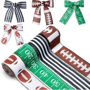 H1vojoxo Football Wired Edge Ribbon - 4 Rolls 24 Yards Brown Green Football Burlap Ribbon for Football Game, Rugby Pastel Wired Ribbon for Bow Wreaths, Football Theme Fabric Ribbon for DIY Craft