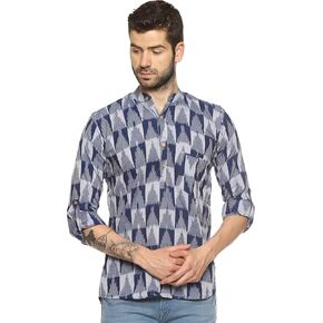 Men's Cotton Kurta Short Ikat Kurta Mandarin Collar Full Sleeves Side Split Indian Tunic Ethnic Wear for Wedding Party - Large (Blue)