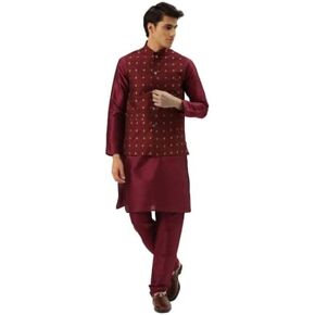 Sojanya (Since 1958 Men Silk Blend Maroon Kurta Pyjama & Silk Blend Nehrujacket Set