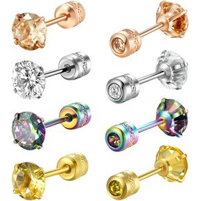 SIISPRI 4 Pairs Titanium Screw Back Surgical Stainless Steel Stud Earrings for Women Men 20G. Rainbow 5A Cubic Zirconia Studs Double Side Earrings Piercing Sleeper Studs Jewelry 6mm