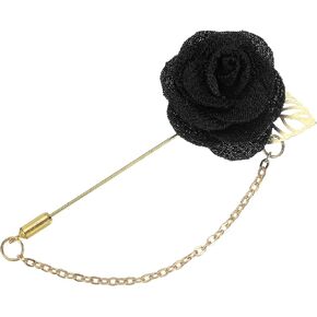 MECCANIXITY Lapel Pin for Men Cloth Rose Flower Pin Suit Lapel Stick Handmade Boutonnieres with Leaf/Tassel Chain Brooch for Bridegroom Wedding
