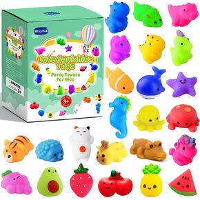 24pcs Squishies Toys Kawaii Cute Cat Dinosuar Fruit Mochi Squishy Stress Reliever Anxiety Toys, Party Favors for Kids, Goodie Bag Stuffers, Birthday Gifts