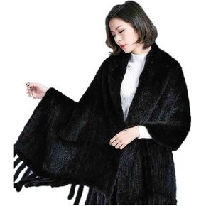 LVCOMEFF Women Knitted Mink Fur Shawl Wrap with Tassels Plus Size with Pocket
