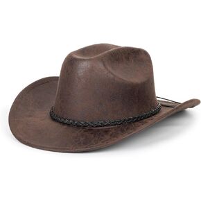 Western Cowboy Hat with Head Belt Wide Brim PU Leather Cowhide Knight Hat for Sun Protection Outdoor Riding Unisex Jazz Hat Brown