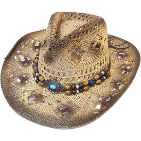 Straw Cowboy Hat for Women Men,Woven Cowgirl Hat with Decorative Bands,Western Sun Hat with Wide Brim