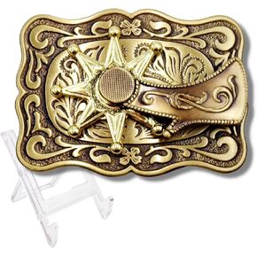 Needzo Belt Buckle Men Western with Clear Display, Bronze Moveable Spur Buckles for Belts with Plastic Stand, Cowboy and Cowgirl Accessories, 3.5 Inches