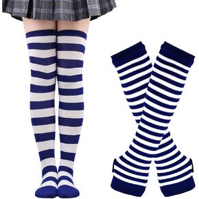 Stripe Arm Warmer Leg Stocking Striped Thigh High Socks Fingerless Gloves for Women Girls