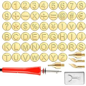 56pcs DIY Wood Leather Burning Set, 26 Letters Copper Mold, Copper Letter Number Soldering Iron Stencils, DIY Embossing Carving Head Tools, Wood Burning Kit Letter Wood Burning Tip