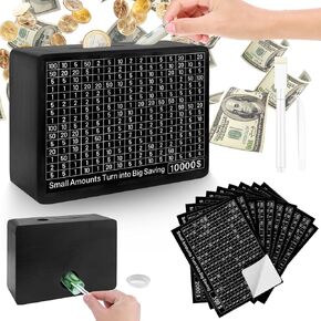 Wooden Money Box with 10 Saving Targets, Black One Piece Cash Vault Wooden Savings Box with 10000 5000 4000 3000 2000 1000 800 500 Dollars Goals for for Adults Kids Boys Girls (Black)