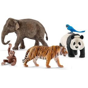 Schleich Wild Animal Toys 5-Piece Set of Realistic Animal Figurines Including Giant Panda, Tiger, Hyacinth Macaw, Orangutan Cub and Asian Elephant