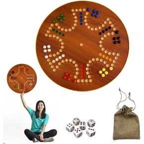 Marble Board Game Wooden Wahoo Board Game Walnut Color Board Game Double-Sided Painted Engraved Numbers Game Board with 6 Colors 30Marbles 6 Dice for Adults Family Night Game, 6 and 4 Player
