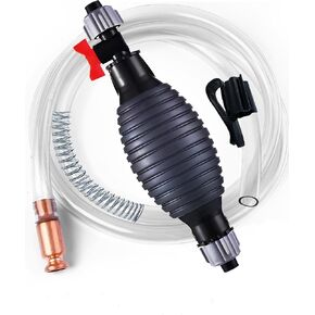 Hand Fuel Pump New Model, Siphon Hose Transfer Pump with Brass Valve, 5ft Pipe, Clips and Springs, for Gasoline, Lawn Mower, Snow Blower, Yard