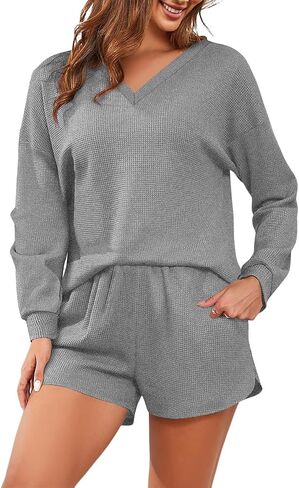 Lrady Women's 2 Piece Outfits Lounge Sets Long Sleeve Tops and Shorts Matching Set Shorts Set Waffle Knit Pajama Sets in Saudi Arabia