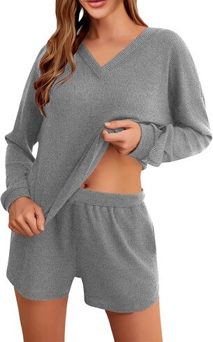 Lrady Women's 2 Piece Outfits Lounge Sets Long Sleeve Tops and Shorts Matching Set Shorts Set Waffle Knit Pajama Sets in Saudi Arabia