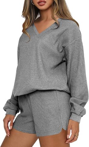 Lrady Women's 2 Piece Outfits Lounge Sets Long Sleeve Tops and Shorts Matching Set Shorts Set Waffle Knit Pajama Sets in Saudi Arabia