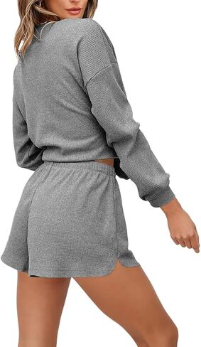Lrady Women's 2 Piece Outfits Lounge Sets Long Sleeve Tops and Shorts Matching Set Shorts Set Waffle Knit Pajama Sets in Saudi Arabia