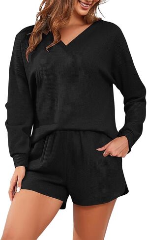 Lrady Women's 2 Piece Outfits Lounge Sets Long Sleeve Tops and Shorts Matching Set Shorts Set Waffle Knit Pajama Sets in Saudi Arabia