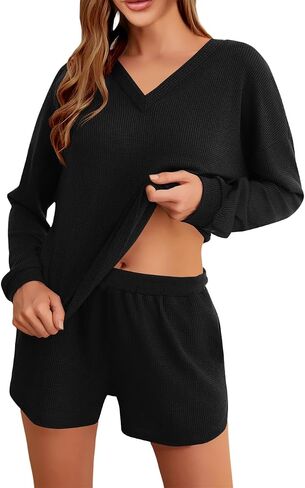 Lrady Women's 2 Piece Outfits Lounge Sets Long Sleeve Tops and Shorts Matching Set Shorts Set Waffle Knit Pajama Sets in Saudi Arabia