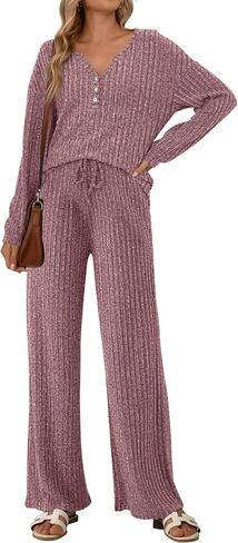 ETCYY NEW Womens Lightweight Pajamas Sets 2 Piece Lounge Sets Ribbed Knit Loungewear PJ with Pockets in Saudi Arabia