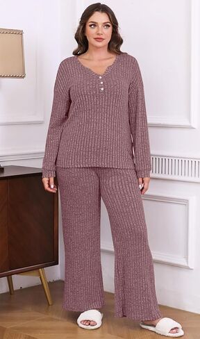 ETCYY NEW Womens Lightweight Pajamas Sets 2 Piece Lounge Sets Ribbed Knit Loungewear PJ with Pockets in Saudi Arabia