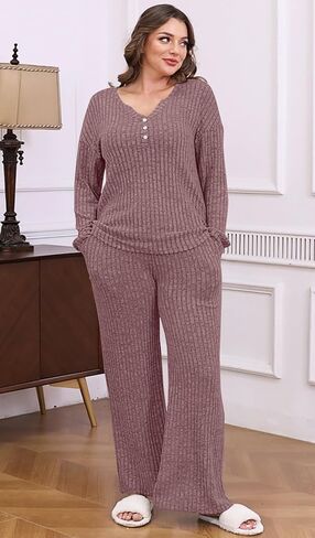 ETCYY NEW Womens Lightweight Pajamas Sets 2 Piece Lounge Sets Ribbed Knit Loungewear PJ with Pockets in Saudi Arabia