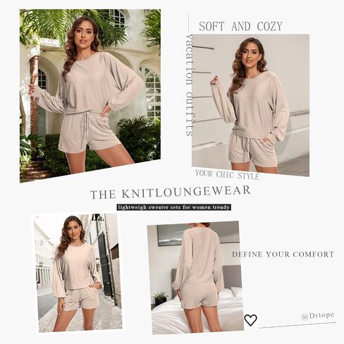 Women's Knitted Pajama Set Long Sleeve Tracksuit 2 Piece Casual Sweater Set in Saudi Arabia