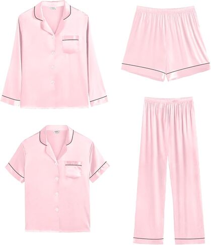 SWOMOG إمرأة الحرير بيجامة من الساتان مجموعات 4 قطعة طويلة الأكمام ملابس خاصة زر أسفل Pjs مجموعات 3 قطعة صالة مجموعة السراويل والسراويل القصيرة in Kuwait