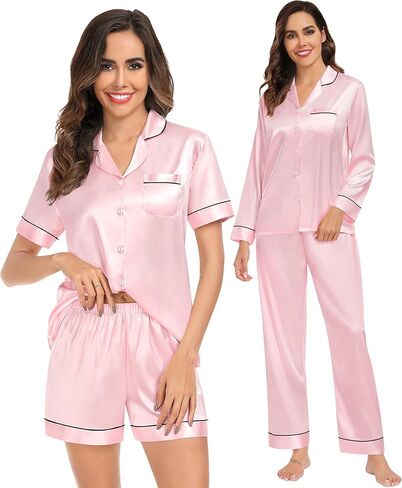 SWOMOG إمرأة الحرير بيجامة من الساتان مجموعات 4 قطعة طويلة الأكمام ملابس خاصة زر أسفل Pjs مجموعات 3 قطعة صالة مجموعة السراويل والسراويل القصيرة in Kuwait