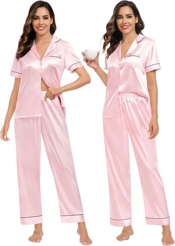 SWOMOG إمرأة الحرير بيجامة من الساتان مجموعات 4 قطعة طويلة الأكمام ملابس خاصة زر أسفل Pjs مجموعات 3 قطعة صالة مجموعة السراويل والسراويل القصيرة in Kuwait