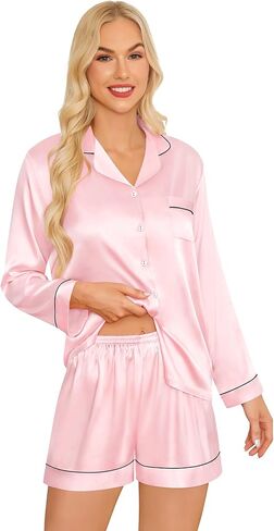 SWOMOG إمرأة الحرير بيجامة من الساتان مجموعات 4 قطعة طويلة الأكمام ملابس خاصة زر أسفل Pjs مجموعات 3 قطعة صالة مجموعة السراويل والسراويل القصيرة in Kuwait